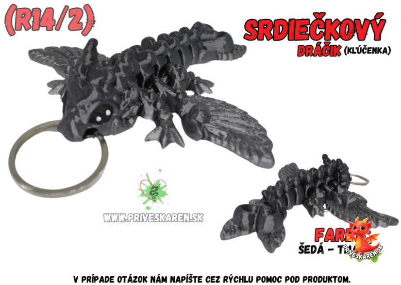 Srdiečkový dráčik (kľúčenka) - Farba produktu: Šedá - Tmavá