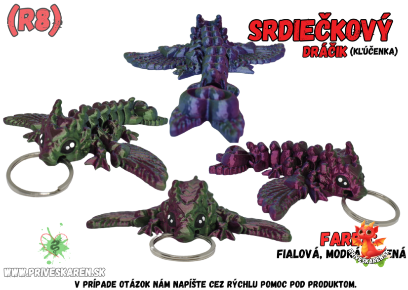 Srdiečkový dráčik (kľúčenka) - Farba produktu: Fialová, Modrá, Zelená